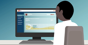 A graphic of a man on a laptop